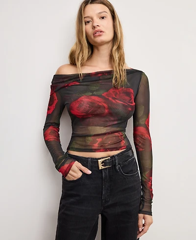 Good American Women's Mesh Ruched Asymmetric Top, Regular and Plus