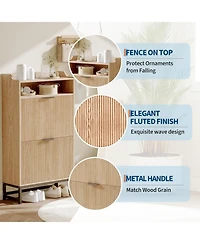 gaomon Narrow Shoe Cabinet Storage for Entryway, Modern Fluted Shoe Rack Organizer with 2 Flip Drawers and an Open Shelf for Hallway, Living Room, Nat