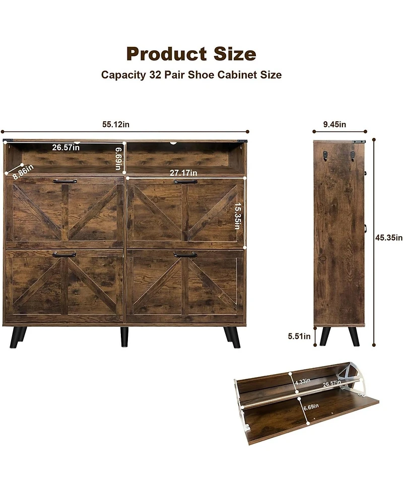 gaomon Shoe Storage Cabinet with 4 Flip Drawers and Open Storage, Freestanding Narrow Shoe Rack Cabinet for Entryway, Hallway, Living Room, Dark Brown