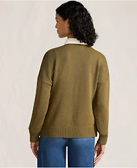 Lands' End Women's Drifter Jacquard Rugby with Woven Collar Sweater
