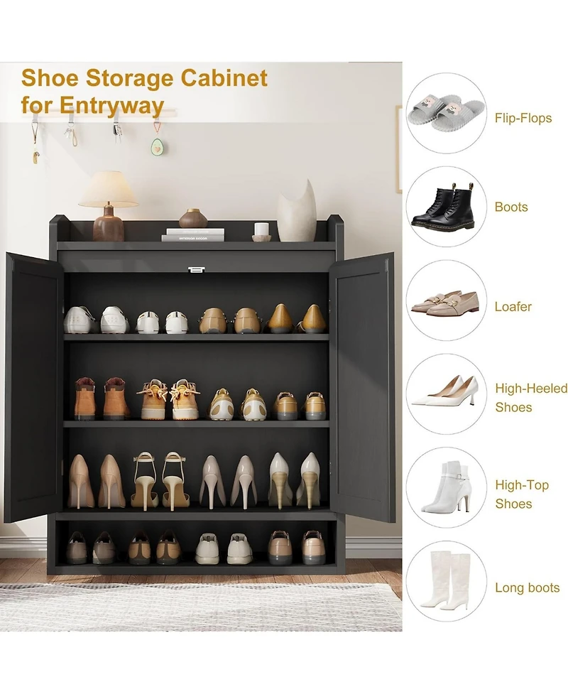 Rattan Shoe Cabinet with 2 Doors, Wooden Shoe Storage Organizer with Adjustable Shelves, 5-Tier Shoe Storage Cabinet for Entryway, Hallway, Closet, Li
