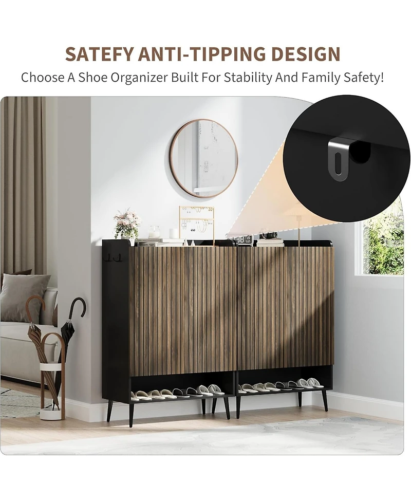 Shoe Cabinet，Large Shoe Cabinet with 2 Doors,Adjustable Shelves, Shoe Organizer with Doors for Hallway, Entryway, Living Room,Black+Nut-Brown