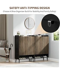 Shoe Cabinet，Large Shoe Cabinet with 2 Doors,Adjustable Shelves, Shoe Organizer with Doors for Hallway, Entryway, Living Room,Black+Nut-Brown
