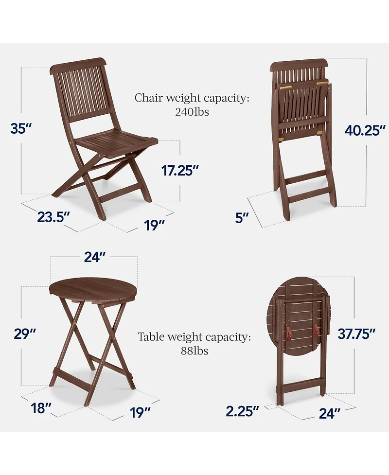 Best Choice Products 3-Piece Acacia Wood Bistro Set, Folding Patio Furniture w/ 2 Chairs