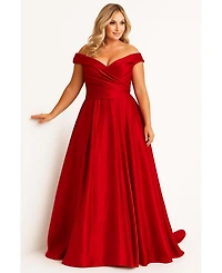 Sydney's Closet Scarlet Red Off-the-Shoulder Satin Evening Ballgown