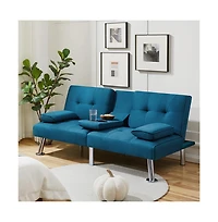 Yaheetech Fabric Upholstered Convertible Futon Sofa Bed Aqua Blue