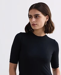 Reistor Women's High Crew Neck Elbow Sleeves Fitted Dress Black