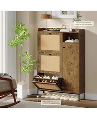 gaomonc3 Tier Shoe Cabinet with Natural Rattan Flip Drawers for Entryway,Shoe Storage Organizer with Adjustable Shelves for Hallway, Living Room,Brown