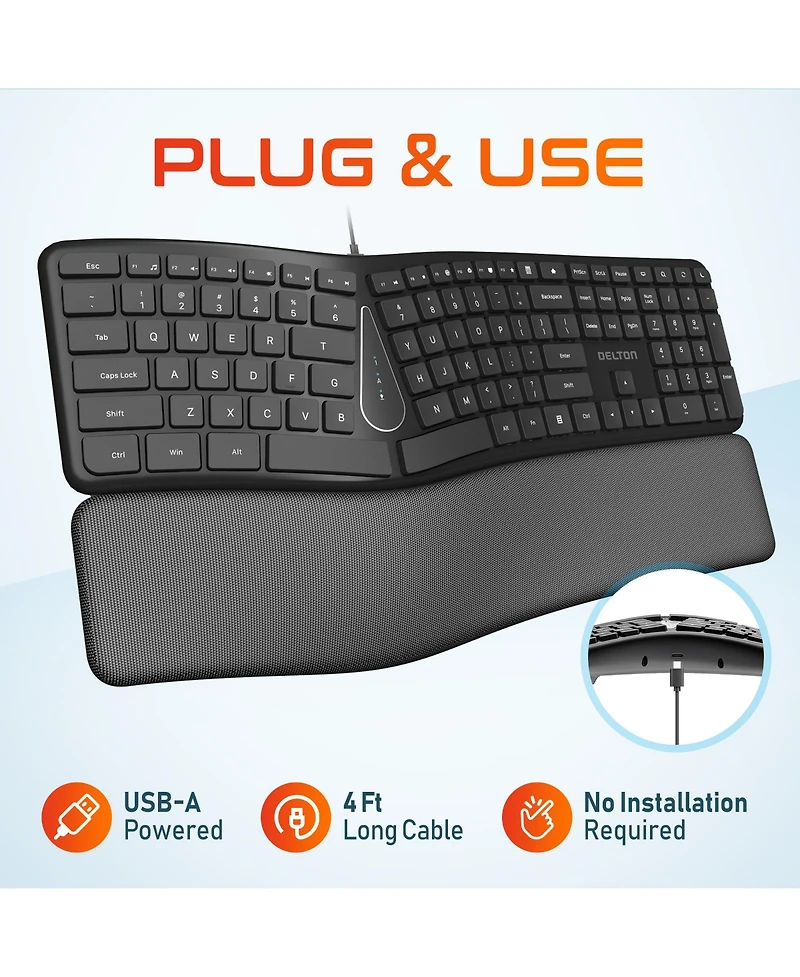Delton KB250 Ergonomic Keyboard with Wrist Rest Pad (DKBE250-u)
