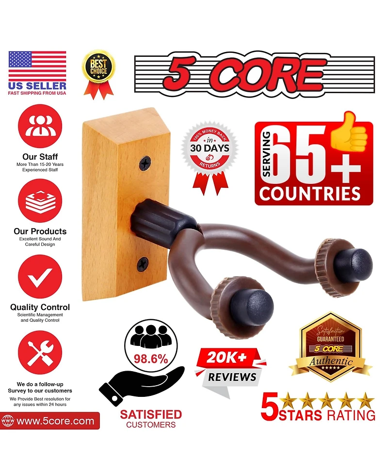 5 Core Guitar Wall Mount Hanger 2Pack U-Shaped Wood Guitar Wall Hook Stand - Gh Wd 2PCS