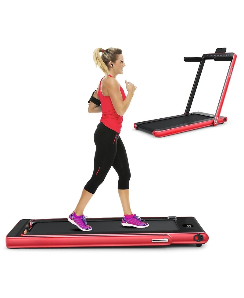 2-in-1 Electric Motorized Health and Fitness Folding Treadmill with Dual Display and Speaker-Red