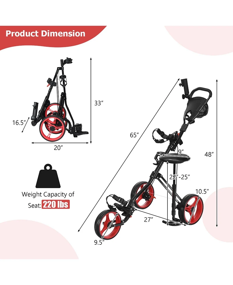 Foldable 3 Wheels Push Pull Golf Trolley with Scoreboard Bag-Red