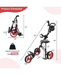 Foldable 3 Wheels Push Pull Golf Trolley with Scoreboard Bag-Red
