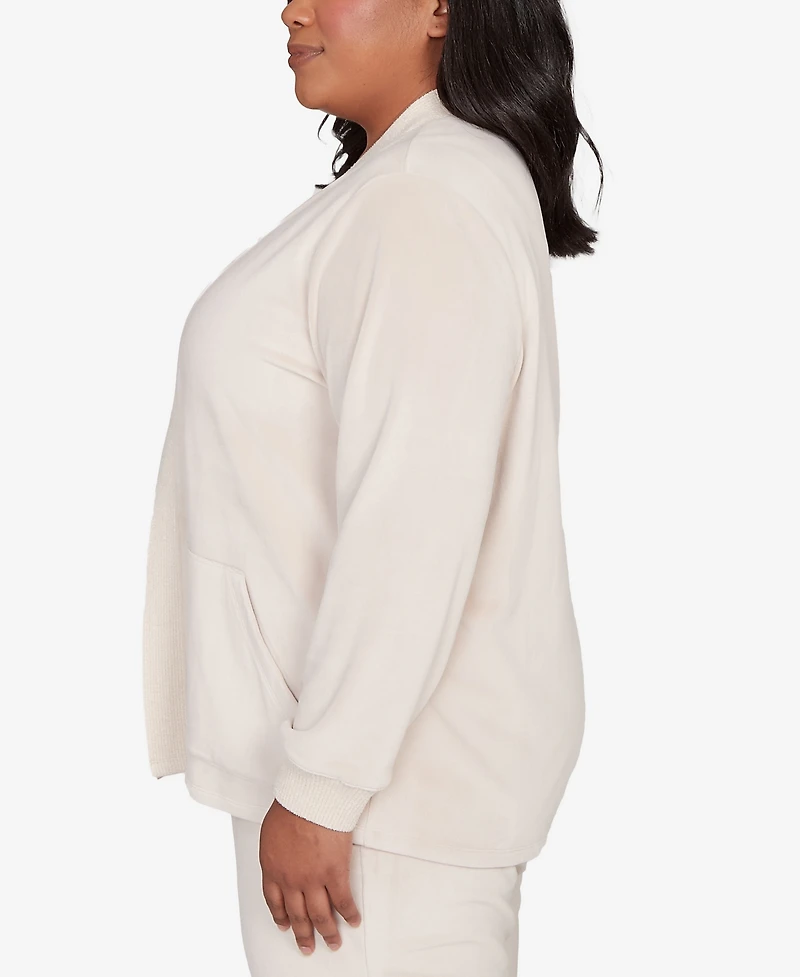 Alfred Dunner Plus Calm Luxe Open Front Rib Trim Cardigan