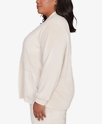 Alfred Dunner Plus Calm Luxe Open Front Rib Trim Cardigan