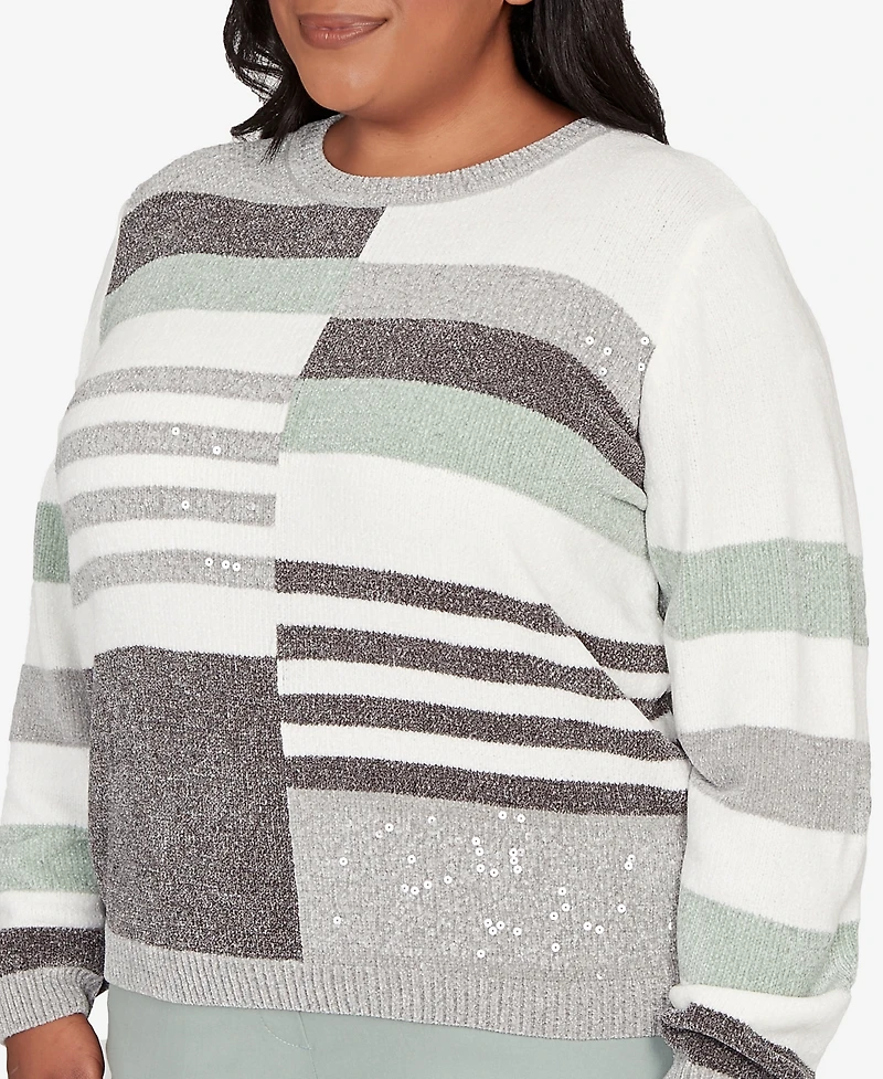 Alfred Dunner Plus Stockbridge Stripe Sequin Colorblock Chenille Sweater