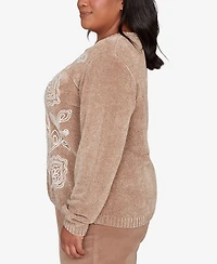 Alfred Dunner Plus Vienna Stitched Leaf Detail Chenille Sweater