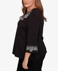 Alfred Dunner Plus Barcelona Embroidered Scroll Accent Soft Knit Top