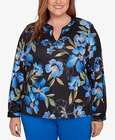 Alfred Dunner Plus Barcelona Watercolor Floral Velvet Trim Top