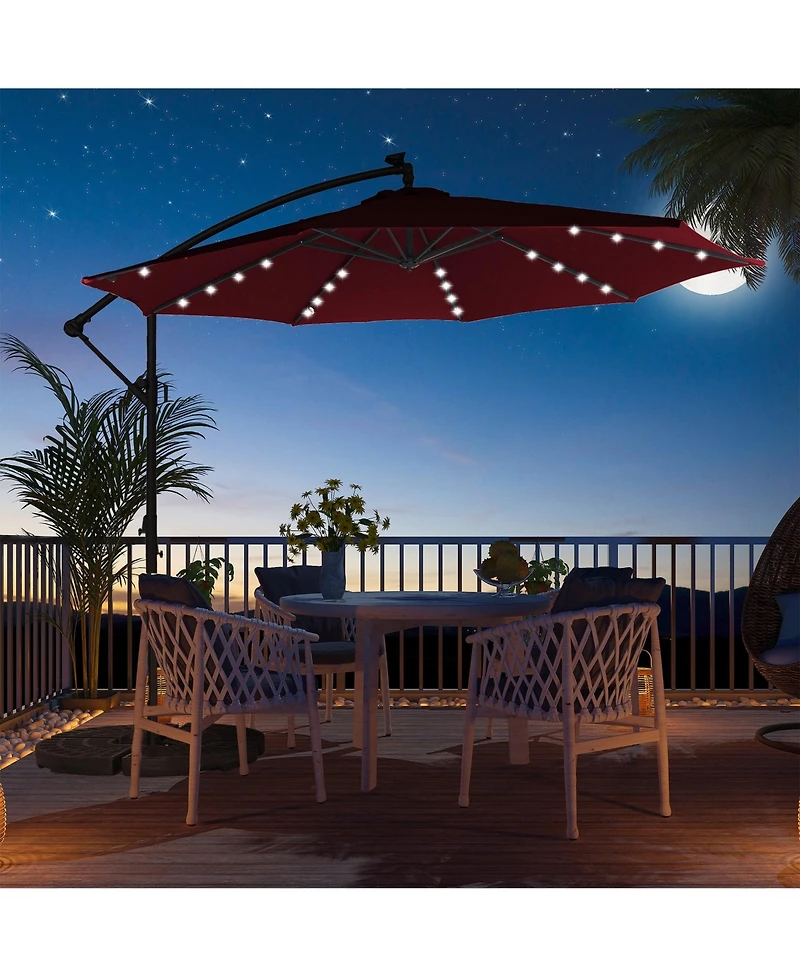 Clihome 11FT Solar Offset Umbrella with 32 Led Lights Cantilever Hanging Outdoor Umbrellas Handy Crank & Cross Base for Deck/Backyard/Pool,Red