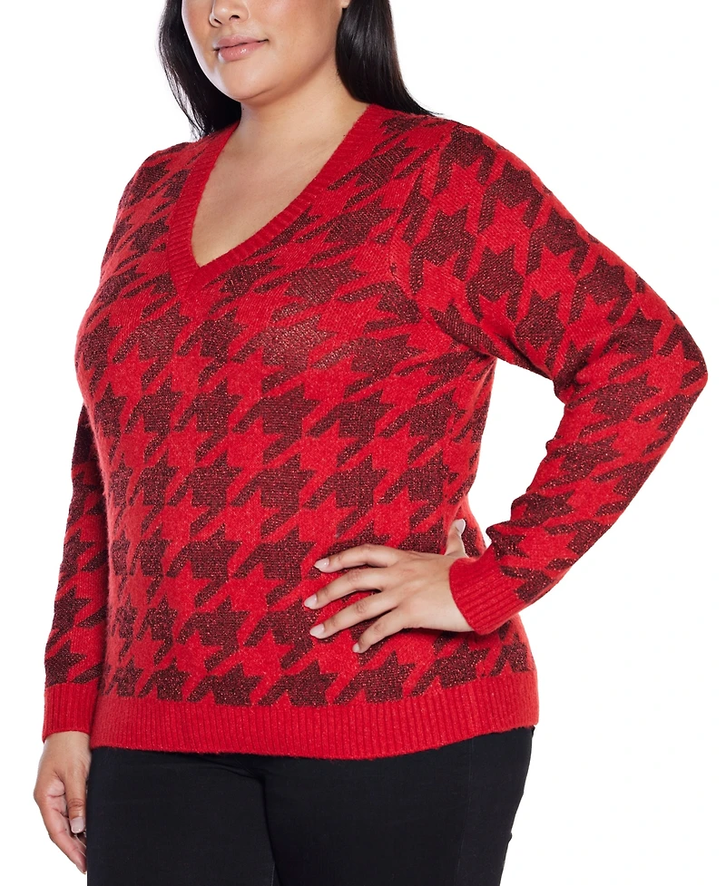 Belldini Plus Stylized-Houndstooth V-Neck Sweater