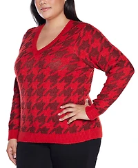 Belldini Plus Stylized-Houndstooth V-Neck Sweater