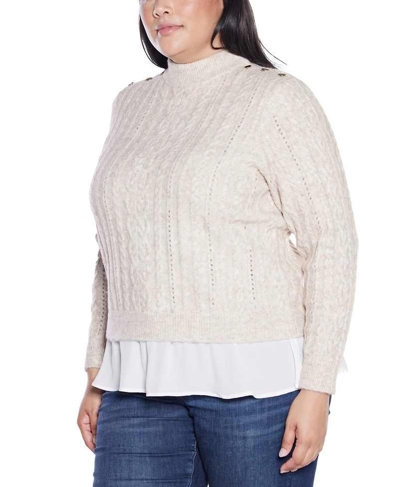 Belldini Plus Black Label Chiffon-Hem Cable Sweater