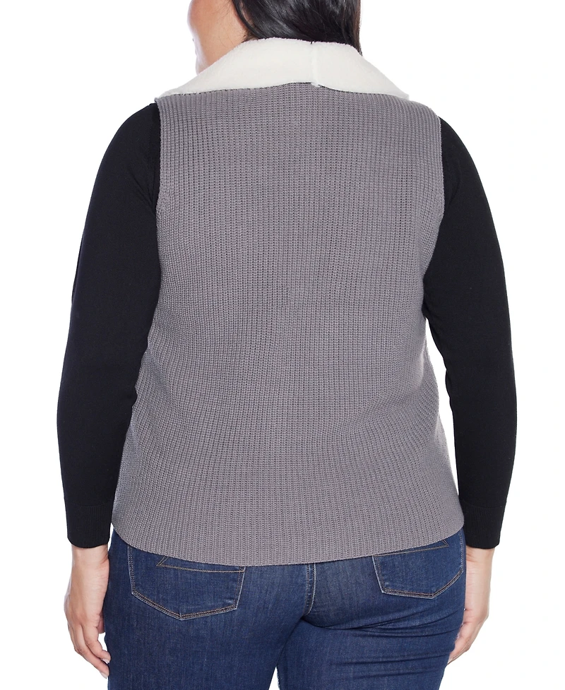 Belldini Plus Black Label Sherpa-Trim Vest Sweater