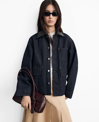Mango Women's Leather-Effect Collar Denim Jacket