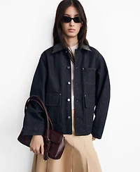 Mango Women's Leather-Effect Collar Denim Jacket
