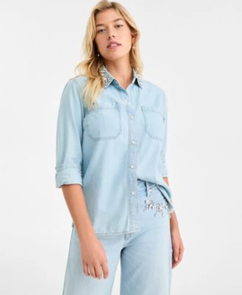 On 34th Womens Denim Button Up Shirt Embellished Barrel Leg Jeans Macys Exclusive