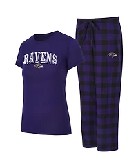Concepts Sport Women's 2-Piece Purple/Black Baltimore Ravens Avondale T-Shirt and Pants Flannel Pajama Set