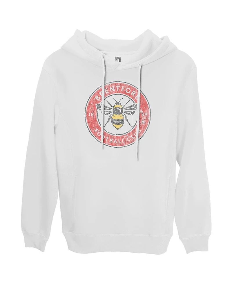 1863FC Men's White Brentford Fc Color Badge Fleece Pullover Hoodie Sweatshirt