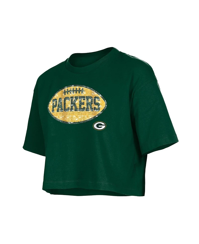New Era Girls Green Bay Packers Flip Sequin Boxy T-Shirt