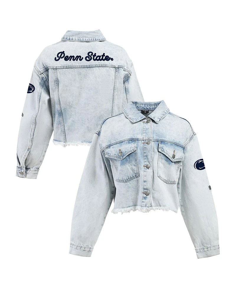 Hype and Vice Women's Denim Penn State Nittany Lions Lightwash Cropped Button-Up Jean Jacket