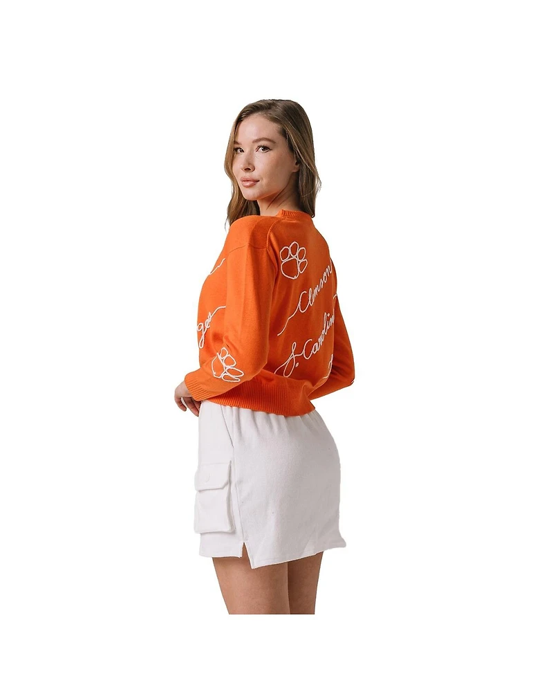 Kadyluxe Women's Orange Clemson Tigers Love Note Embroidered Pullover Sweater