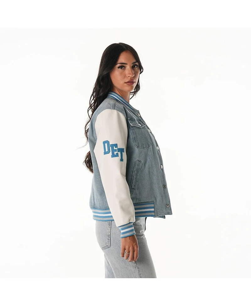 The Wild Collective Women's Denim Detroit Lions Varsity Full-Snap Jacket