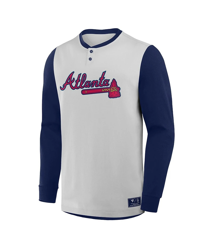 Fanatics Men's Gray/Navy Atlanta Braves Clubhouse Long Sleeve Henley Shirt