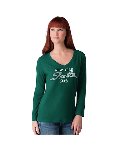 G-iii 4Her by Carl Banks Women's Green New York Jets Post Season Long Sleeve V-Neck T-Shirt