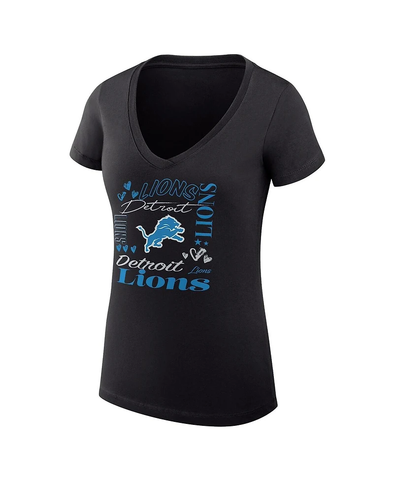 G-iii 4Her by Carl Banks Women's Black Detroit Lions Super-Slim Fit Lightweight Collage Team V-Neck T-Shirt