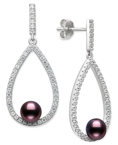 Belle de Mer Cultured Freshwater Peacock Black Pearl (6-7mm) and Lab Created Sapphire Drop Earrings in Sterling Silver
