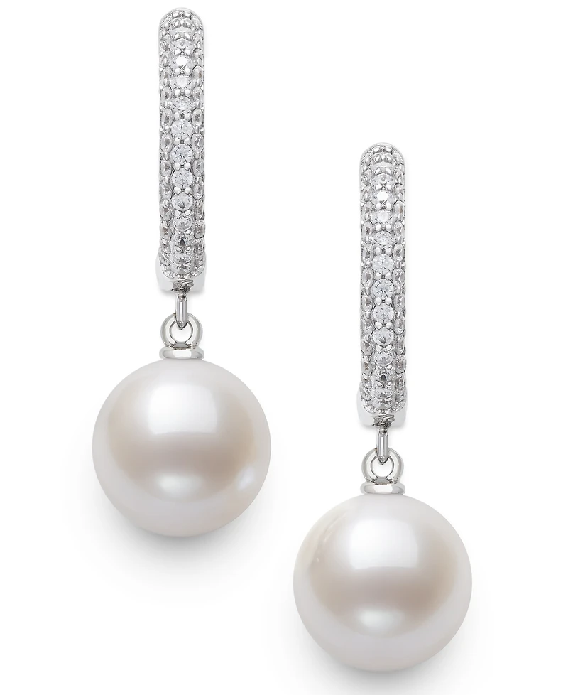 Belle de Mer Cultured Freshwater Pearl (10-11mm) and Lab Created Sapphire Drop Earrings in Sterling Silver