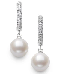 Belle de Mer Cultured Freshwater Pearl (10-11mm) and Lab Created Sapphire Drop Earrings in Sterling Silver