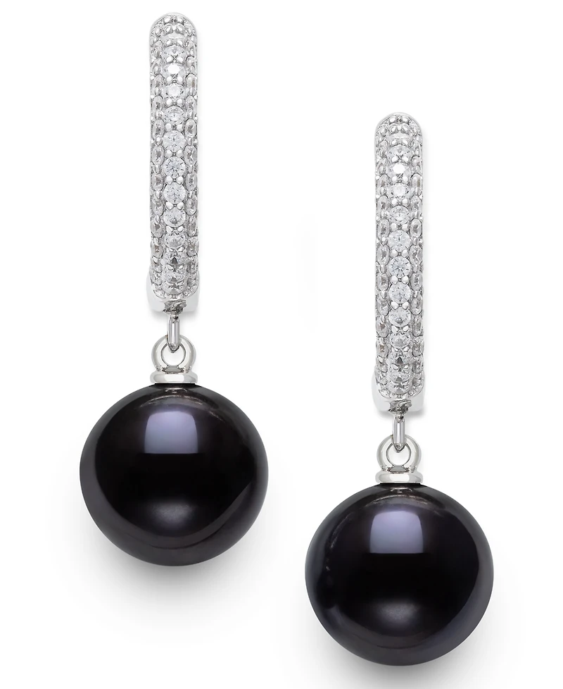 Belle de Mer Cultured Freshwater Peacock Black Pearl (10-11mm) and Lab Created Sapphire Drop Earrings in Sterling Silver