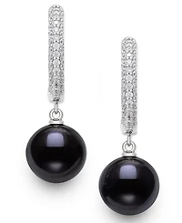 Belle de Mer Cultured Freshwater Peacock Black Pearl (10-11mm) and Lab Created Sapphire Drop Earrings in Sterling Silver
