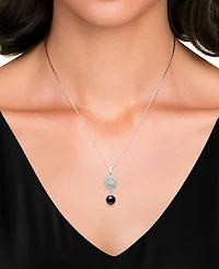 Belle de Mer Freshwater Peacock Black Pearl (8-9mm) and Lab Created Sapphire Drop Necklace in Sterling Silver