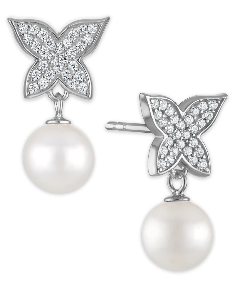 Macy's Cultured Freshwater Pearl (7.5-8mm) and Cubic Zirconia Butterfly Earrings in Sterling Silver