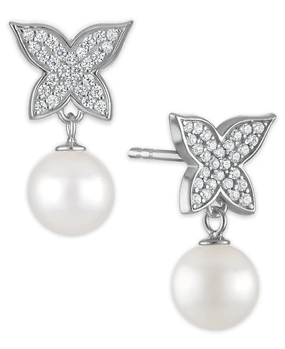 Macy's Cultured Freshwater Pearl (7.5-8mm) and Cubic Zirconia Butterfly Earrings in Sterling Silver