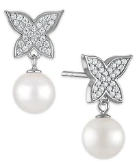 Macy's Cultured Freshwater Pearl (7.5-8mm) and Cubic Zirconia Butterfly Earrings in Sterling Silver