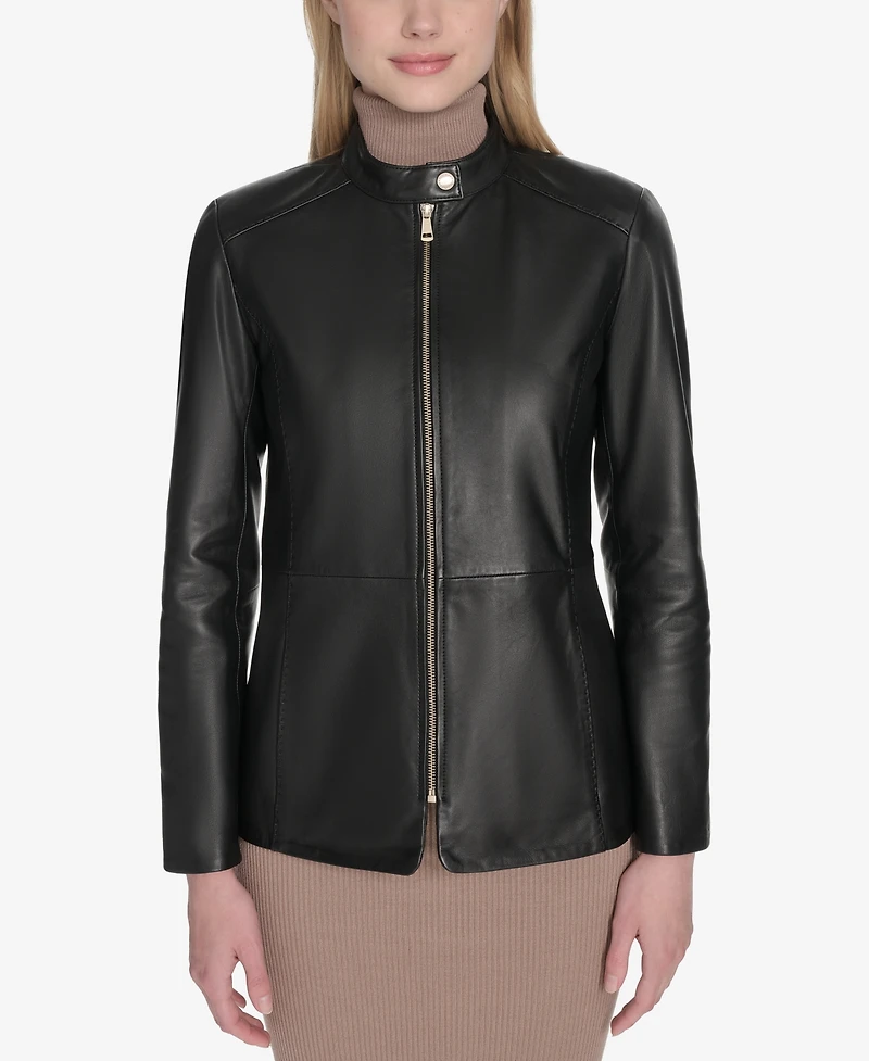 Cole Haan Women's Hand Stitched Detail Stand Collar Leather Jacket